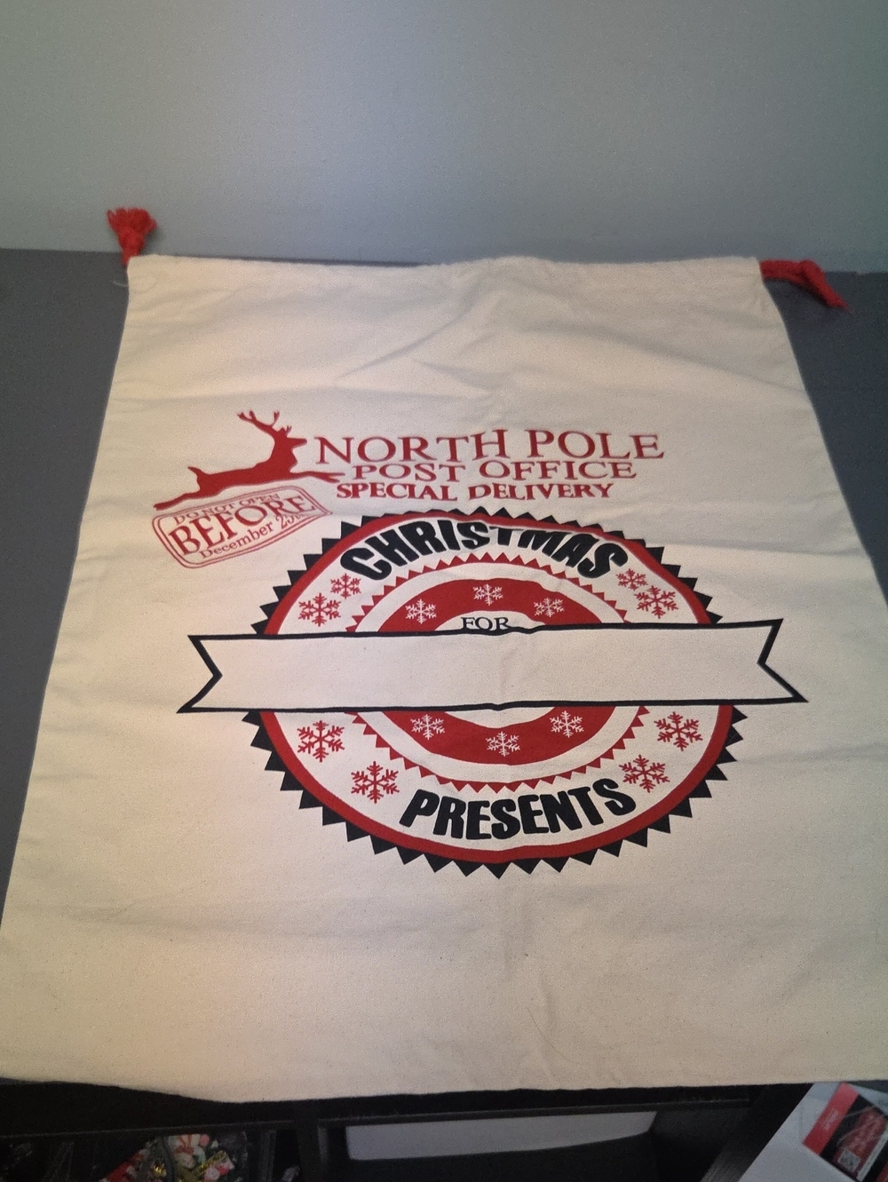Holiday Gift Sack in Red and White – North Pole Post Office Design